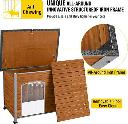 Aivituvin Dog House Outdoor & Indoor Wooden Dog Kennel for Winter with Raised Feet Weatherproof for Small & Medium & Large Dogs,Unique All-Around Iron Frame…