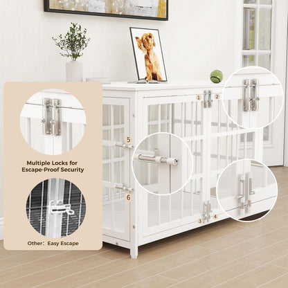 32 Inch Heavy Duty Wooden Dog Kennel End Table with Double Door Design and Secure Locks, Indoor Pet Crate Furniture for Medium Dogs, Decorative Home Cage Design,White