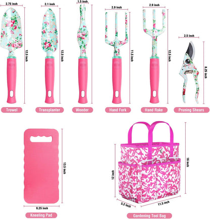 Gardening Tools, 8 Pcs Heavy Duty Floral Garden Tool Set Birthday Gifts for Women WANCHI Rose Red Gardening Kit (Garden Tool Bag Kneeling Pad Weeder Fork Hand Rake Pruning Shears Trowel Transplanter)