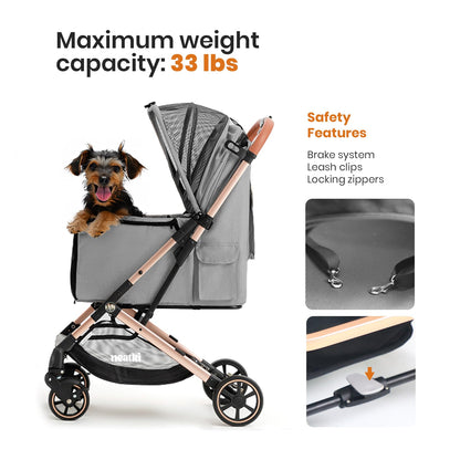 Foldable Pet Stroller for Dogs and Cats, 33 lbs Capacity, 360° Swivel Front Wheels, One-Click Fold, Brake System, Leash & Lock Clips, Removable Washable Padding, and Cup Holder (Gray, 33 lbs)
