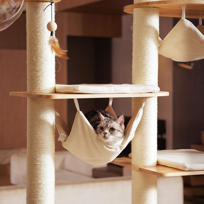 Wood Cat Tree for Indoor Cats, Modern Cat Tower, Unique Cat Condo with House, Tall Luxury Furniture with Heavy Duty Wide Base, Kraft Paper Rope Scratching Post, Removable Cushion (96.5-118.1 inch)