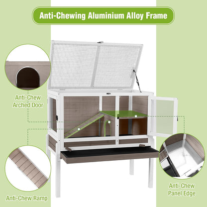 GUTINNEEN Indoor Rabbit Hutch Guinea Pig Cages with Chew-Proof Ramp, 2-Story Wooden Bunny House with Pull-Out Tray & Leakproof PVC Layer, Small Animal Cage with Detachable Legs