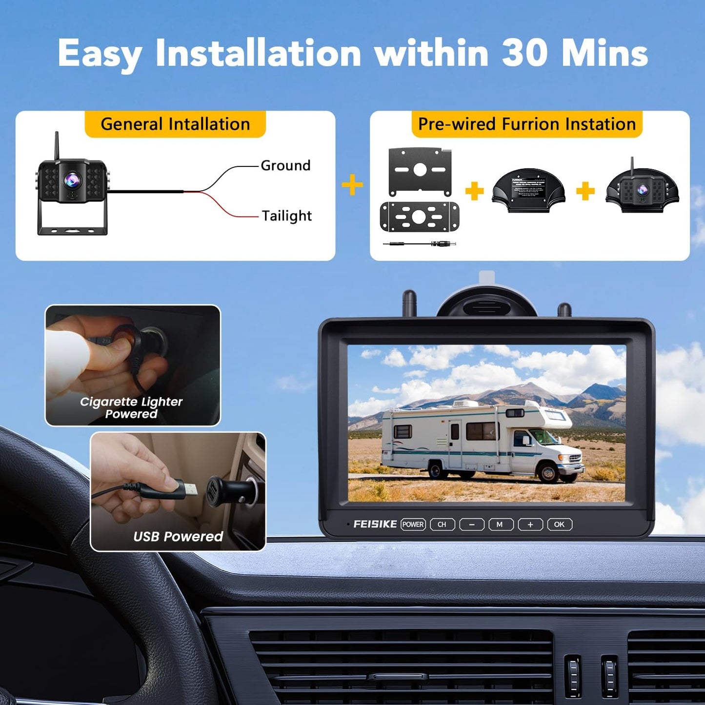 Dual RV Backup Camera Wireless with 7" 1080P Monitor, for Furrion Pre-Wired RVs, 4-Channel Split Screen System, Loop Recording, IR Night Vision, Wide Rear View Camera for Truck, Trailer, Camper