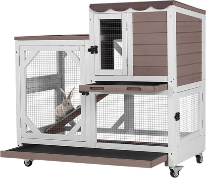 GUTINNEEN Rabbit Hutch Indoor Outdoor 2 Story Bunny House on Wheels Wood Rabbit Cage with 2 Pull Out Trays Guinea Pig Cage