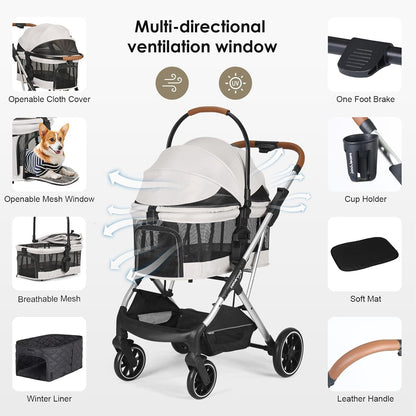 T6 Luxury Pet Stroller for Medium Dogs Up to 66lbs or 2 Small Pets – 3-in-1 Dog & Cat Stroller with Removable Carrier, Foldable & Lightweight (Beige & Net Wall)