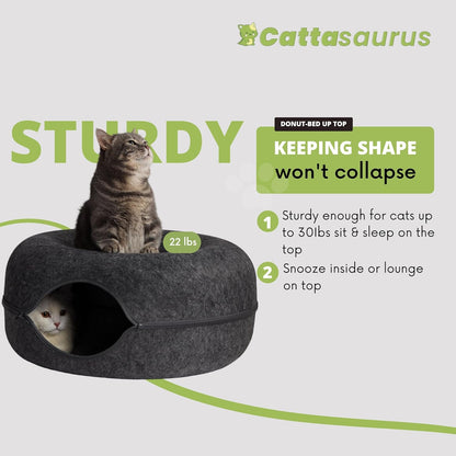 CATTASAURUS Peekaboo Cat Cave for Multiple & Large Cats Up to 30-45 Lbs, Scratch Detachable & Washable Tunnel Bed, Comfy Donut Cat Cave (Dark Gray + Dark Gray, Large)