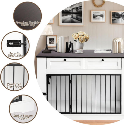 Large Dog Crate Furniture-Decorative Heavy Duty Dog Cage Indoor, Wooden Dog Cage End Table with Charging Station, Dog House with 2 Drawers (White, 47.2''L)