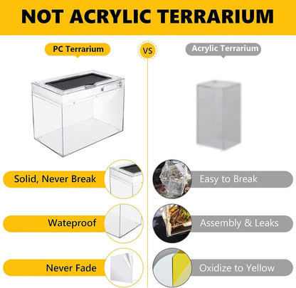 Reptile PC Terrarium,Anti Breakage 12x7x9 inch Insect Amphibians Tank Spider Starter Kits,Top Sliding Door Screen Ventilation Mini Gecko Habitat Cages,Hygrometer Thermometer,Hide Cave,Tweezer,Sprayer