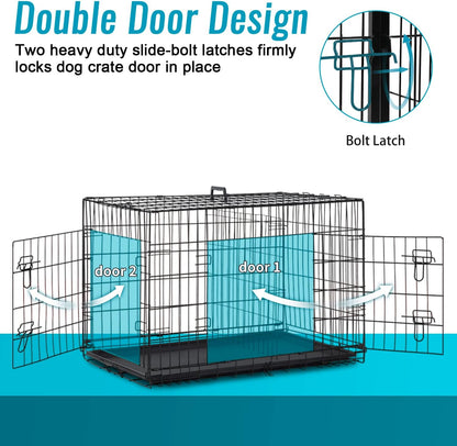 FDW Dog Crate for Small Dogs 24 Inch Folding Metal WirePet Cage Double Door W/Divider Panel Indoor Outdoor Kennel Leak-Proof Plastic Tray,Black