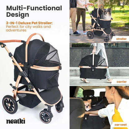 3 in 1 Pet Stroller - Stroller for Small to Medium Dogs and Cats up to 55 lbs, with Detachable Carrier/Car Seat, Foldable and Lightweight, Detachable Cushion + Cup Holder (Black/Gold)