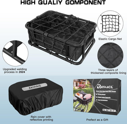 RAYMACE Rear Rack Bike Basket with Cargo Net and Liner Large Bicycle Basket Perfect Mount for Electric Bike
