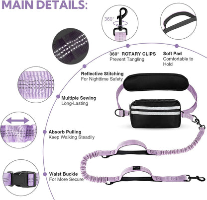 Hands Free Dog Leash, Adjustable Waist Belt with Double Padded Handles,Retractable Bungee, Waist Leash for Dog Walking,Running, No Pull,Purple
