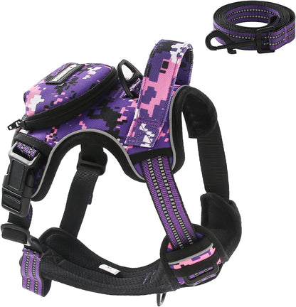 No Pull Dog Harness for Medium Dogs, Adjustable No Choke Pet Vest with Dog Leash Fit Smart Reflective Pet Walking Harness for Training Easy Control Soft Handle Purple Camo M