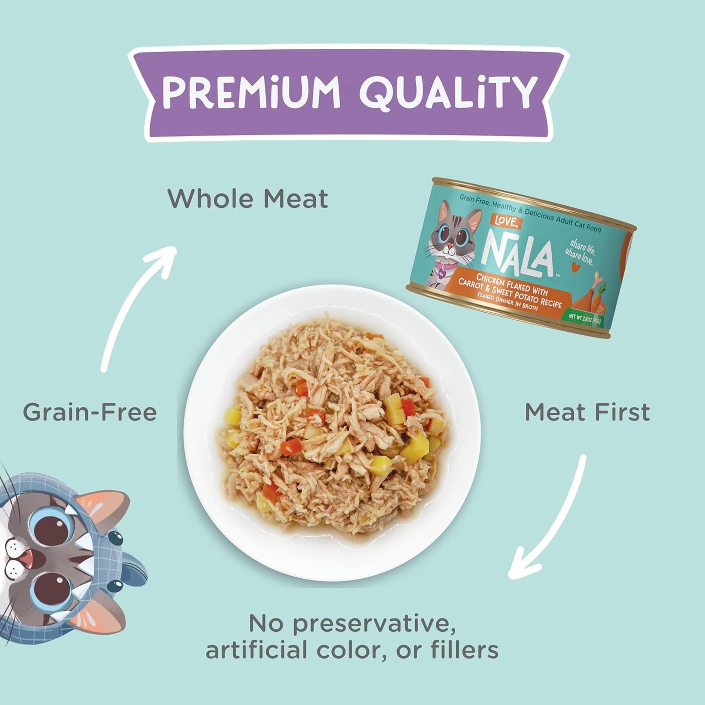 LOVE, NALA - FLAKED Fish & Chicken Variety Pack - 24 Pack- Natural Adult Cat Wet Food - Grain Free, Non-GMO, Lean Protein, Omega 3, Digestive Fiber, Added Minerals & Vitamins