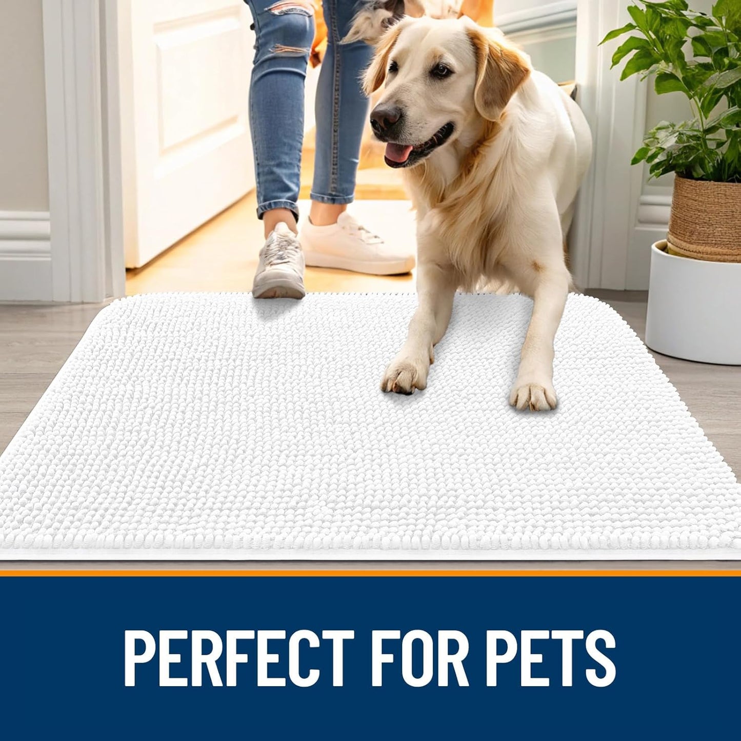OLANLY Dog Door Mat for Muddy Paws 24x16, Absorbs Moisture and Dirt, Absorbent Non-Slip Washable Doormat, Quick Dry Chenille Mud Mat for Dogs, Entry Indoor Entryway Carpet for Inside Floor, White