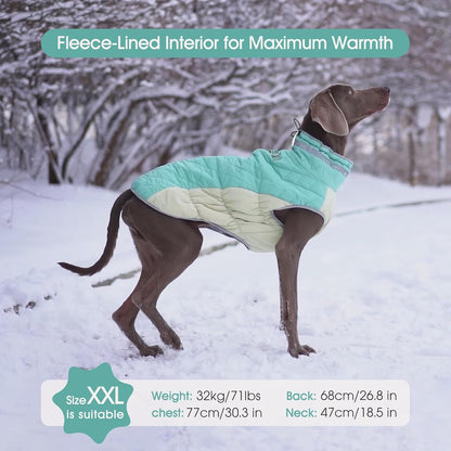 FUAMEY Dog Coat for Large Dogs,Waterproof Dog Winter Jacket with Harness Built in Puppy Cold Weather Coats Reflective Pet Vest with Zipper Warm Fleece Dogs Snowsuit Windproof Mint Green XXXL