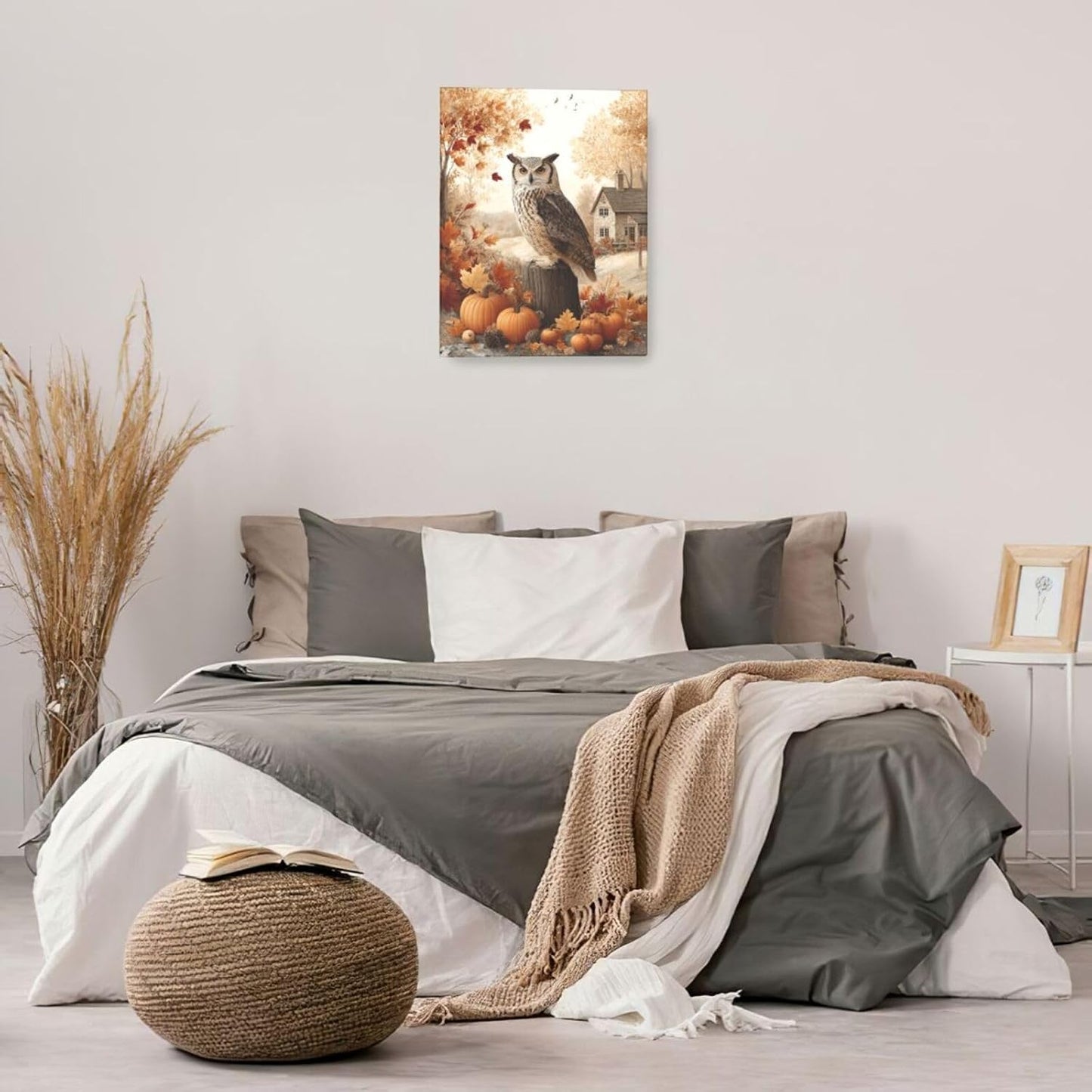 Fall Owl Wall Art Autumn Pumpkin Leaves Wall Decor Rustic Canvas Print Farmhouse Pictures Painting Print Framed Artwork Decorations Gifts for Living Room Bathroom Bedroom Office 16"x20"