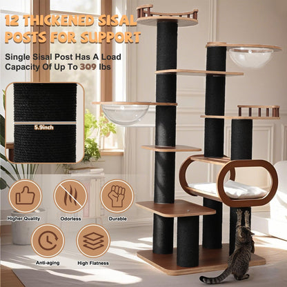 70.8'' Tall Luxury Cat Tree,All i,ne One Black Walnut Wood Modern Cat Tower for Indoor Large,Huge Multi-Level Cat Furniture with Scratching Posts,Condo,Cushion,Clear Bowl,Platform for Home Decoration