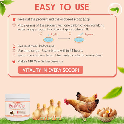 Chicken Electrolyte, Vitamin & Probiotic Supplement - Support Hydration Digestion Immunity Egg Production – Poultry Supplement for Chickens, Ducks, and All Ages of Birds – All-Season Use,10oz Powder