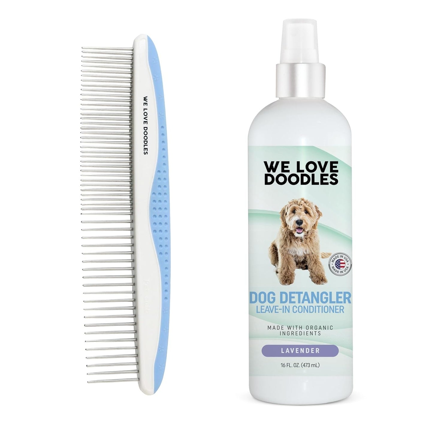 We Love Doodles Large Metal Dog Grooming Comb & Dog Detangler Spray - Removes Tangles & Matts, Dematting Pet Combs, Detangler For Matted Hair, Dog Detangling Spray, Dematting Spray & Tangle Remover