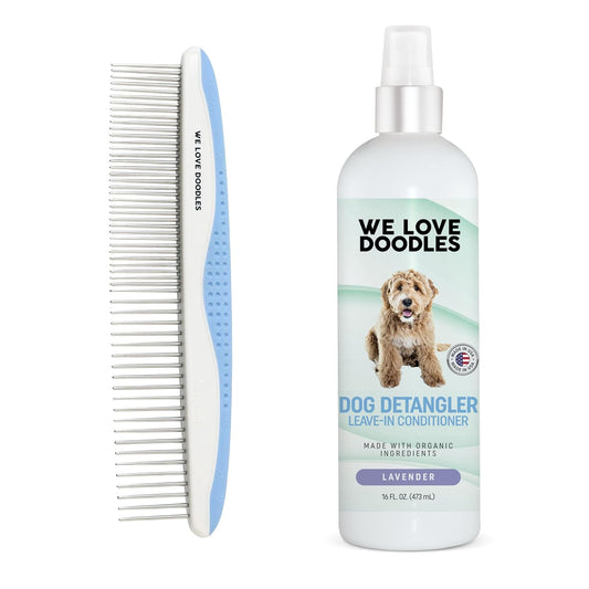 We Love Doodles Large Metal Dog Grooming Comb & Dog Detangler Spray - Removes Tangles & Matts, Dematting Pet Combs, Detangler For Matted Hair, Dog Detangling Spray, Dematting Spray & Tangle Remover