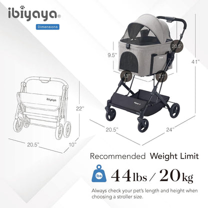 ibiyaya Essential – Travois Tri-Fold Pet Travel System for Medium Dogs, Cats, and More, 3 in 1 Dog Stroller with Detachable Carrier, XL Cabin (Taupe Gray)