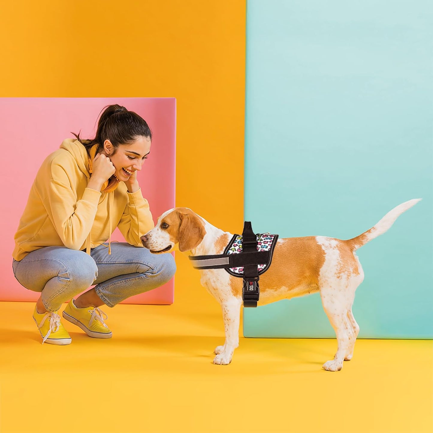 Dogline Dog Harness, Reflective No-Pull Adjustable Vest with Handle for Walking, Training, Breathable, No - Choke Harness for Small, Medium or Large Dogs Room for Patches Leopard Rainbow XS 15"-18"