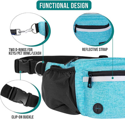 PetAmi Dog Fanny Pack, Treat Pouch for Dog Walking, Training, Built in Poop Bag Dispenser, Water Bottle Holder, Collapsible Bowl, Pet Treat Waist Belt for Hiking, Running, Kibbles (Turquoise)