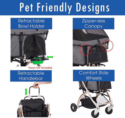 HPZ-PR America Pet Rover Lite Premium Light-Weight Dog/Cat/Pet Stroller Travel Carriage with Convertible Compartment/Aluminum Frame for Small & Medium Pets (Gray 2nd-Gen.)