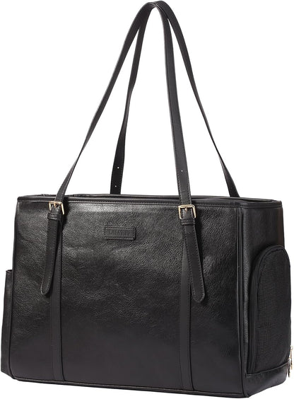 Fashion Dog Purse Pet Carrier Leather Bag for Small Dogs Cats Puppy, Portable Tote Bag Airline Approved Soft-Sided Carriers (Black)