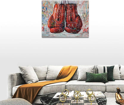 Quorin Banksy Graffiti Boxing Wall Art Red Boxing Gloves Pictures Gym Sport Wall Decor Canvas Print Painting Artwork for Gym Living Room Bedroom 12"x16"