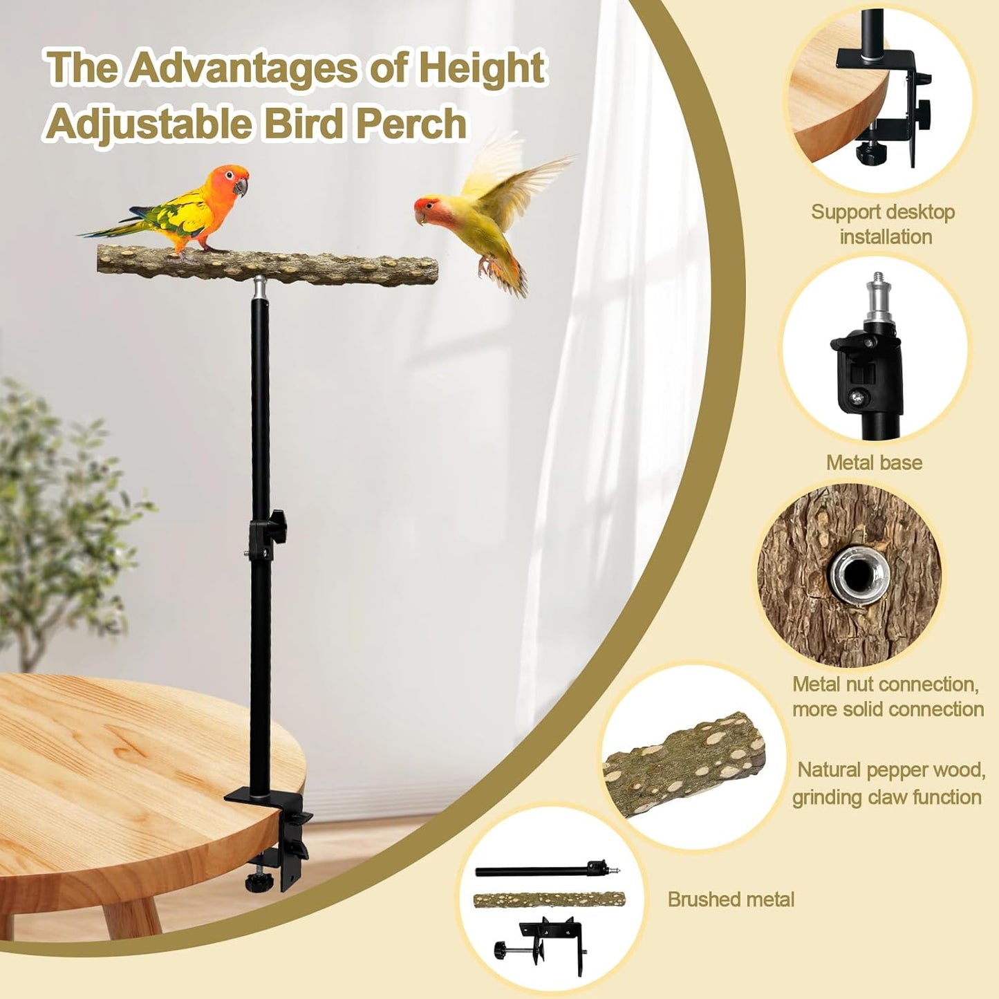13-23 Inch Height Adjustable Desktop Bird Perch Pepper Wood Bird Training Perch Stand Parakeet Perches Indoor and Outdoor Parrot Stands for Small to Medium Bird