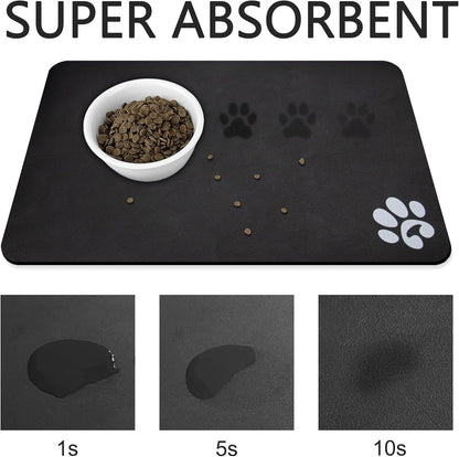 YCT Pet Dog Cat Feeding Mats - Non-Slip, Super Absorbent, Eating Mat with Footprints, 24 x 16.9 inches, Dark Grey