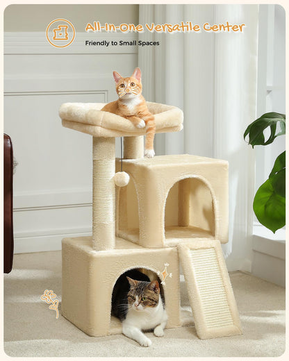 PAWZ Road Cat Tree, 30 Inches Cat Tower with Dual Condos for Indoor Cats, Plush Cat House with Padded Perch, Scratching Ramp and Posts and Replaceable Balls-Beige