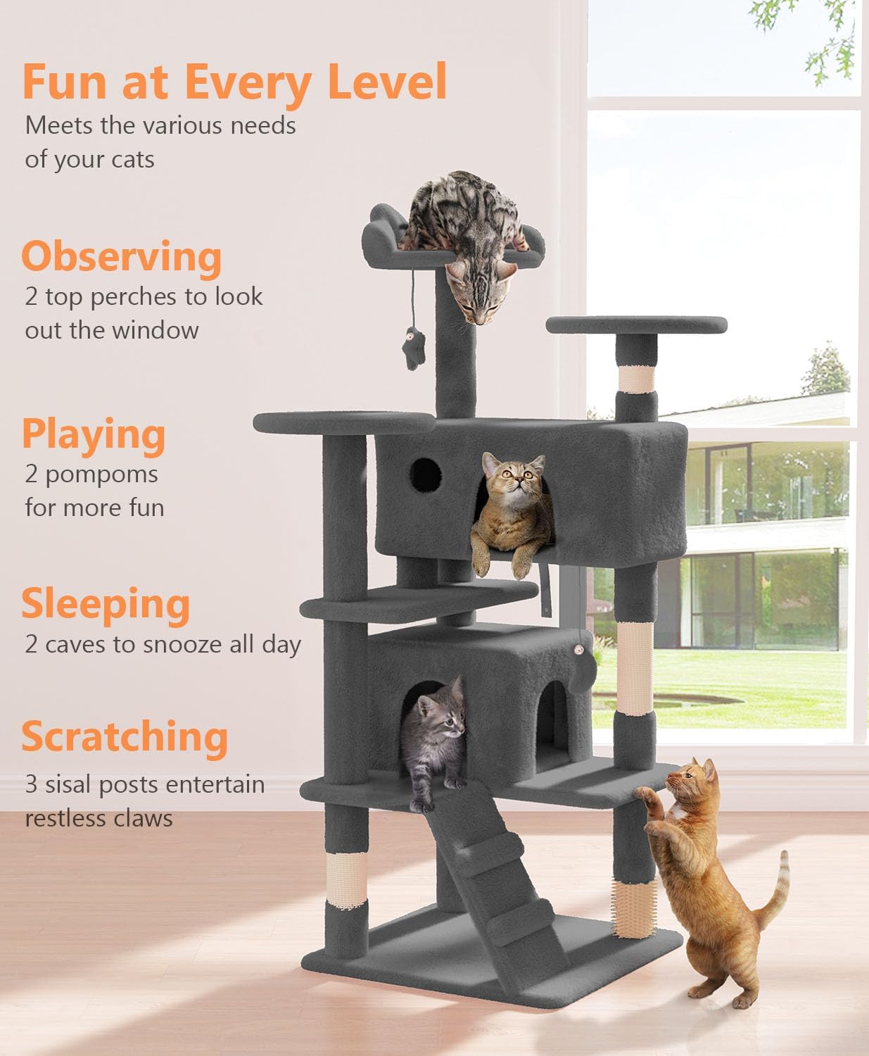 54" Cat Tree Tower for Indoor Cats Large Adult,Cute/Tall Modern Cat Tree for Big Cats 20 lbs, Plush Multi-Level Cat Condo with Scratching Posts,Hammock, Dangling Ball (Smoky Gray, 54 inch)