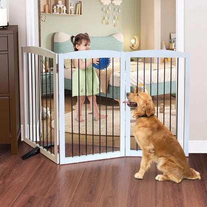 Foldable Wooden Freestanding Dog Gate - 32" H, 3 Panels, Stairs/Doorways, Support Feet Included, White