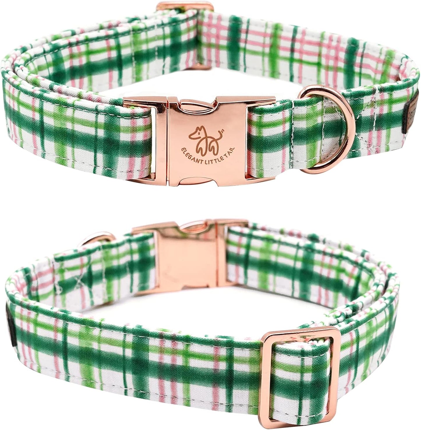 Elegant little tail Dog Collar with Bow - Pink with Green Plaid Boy or Girl Dog Collar Cute Bowtie Pet Collar Adjustable Dog Collar for Large Dogs