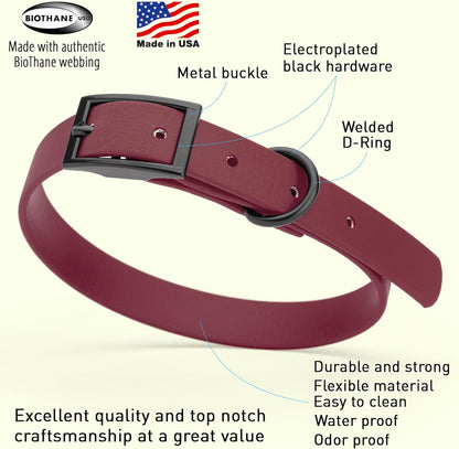 Dogline Biothane Waterproof Dog Collar Strong Coated Nylon Webbing with Black Hardware Odor- Proof for Easy Care Easy to Clean High Performance Fits Small Medium or Large Dogs, Merlot Burgundy
