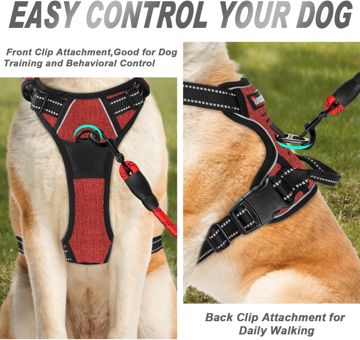 BARKBAY No Pull Dog Harness Front Clip Heavy Duty Reflective Easy Control Handle for Large Dog Walking(Rio Red,M)