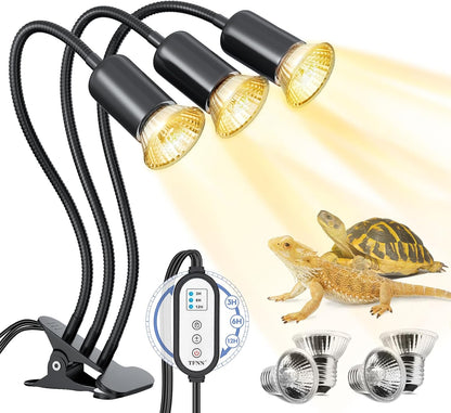 Reptile Heat Lamp, Three Head Reptile Light with Cycle Timer,UVA UVB Light, dimmable Basking lamp for Tortoise, Bearded Dragon, Lizard, Snake, E26/27 Base with 4 Bulbs (50W)-Black