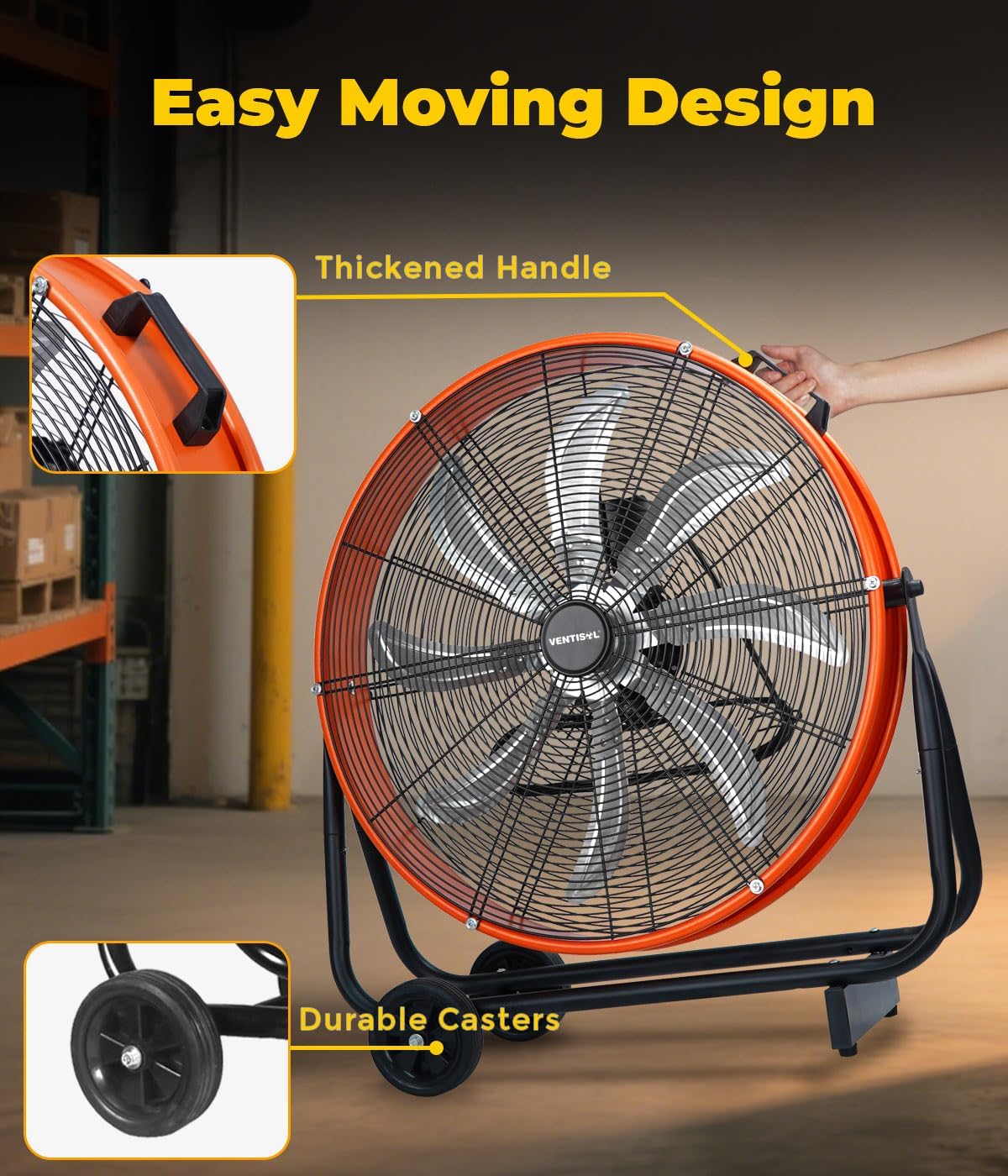 VENTISOL 24 Inch Industrial Floor Drum Fan, 9500 CFM Heavy Duty Floor Fan with 8 Blades, 3-Speed High Velocity Shop Fan, Metal Fans for Warehouse, Patios, Garage