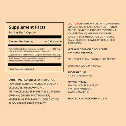 Amazon Elements Turmeric Complex, 316 mg Curcumin, 140 mg Ginger, 5 mg Black Pepper - Joint & Immune System, Healthy Inflammation Response - 65 Capsules (2 Month Supply) (Pack of 2)