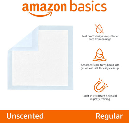 Amazon Basics Dog and Puppy Pee Pads, 5-Layer Leak-Proof Super Absorbent, Quick-Dry Surface, Potty Training, Regular (22x22"), 50 Count, Blue & White