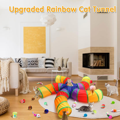 Poen 21 Pcs Cat Tunnel for Indoor Set Collapsible 5 Way Tubes with 20 Pcs Cat Kitten Toys Interactive Feather Toy Mouse Crinkle Balls Tube for Puppy Kitten Rabbit(Colorful)