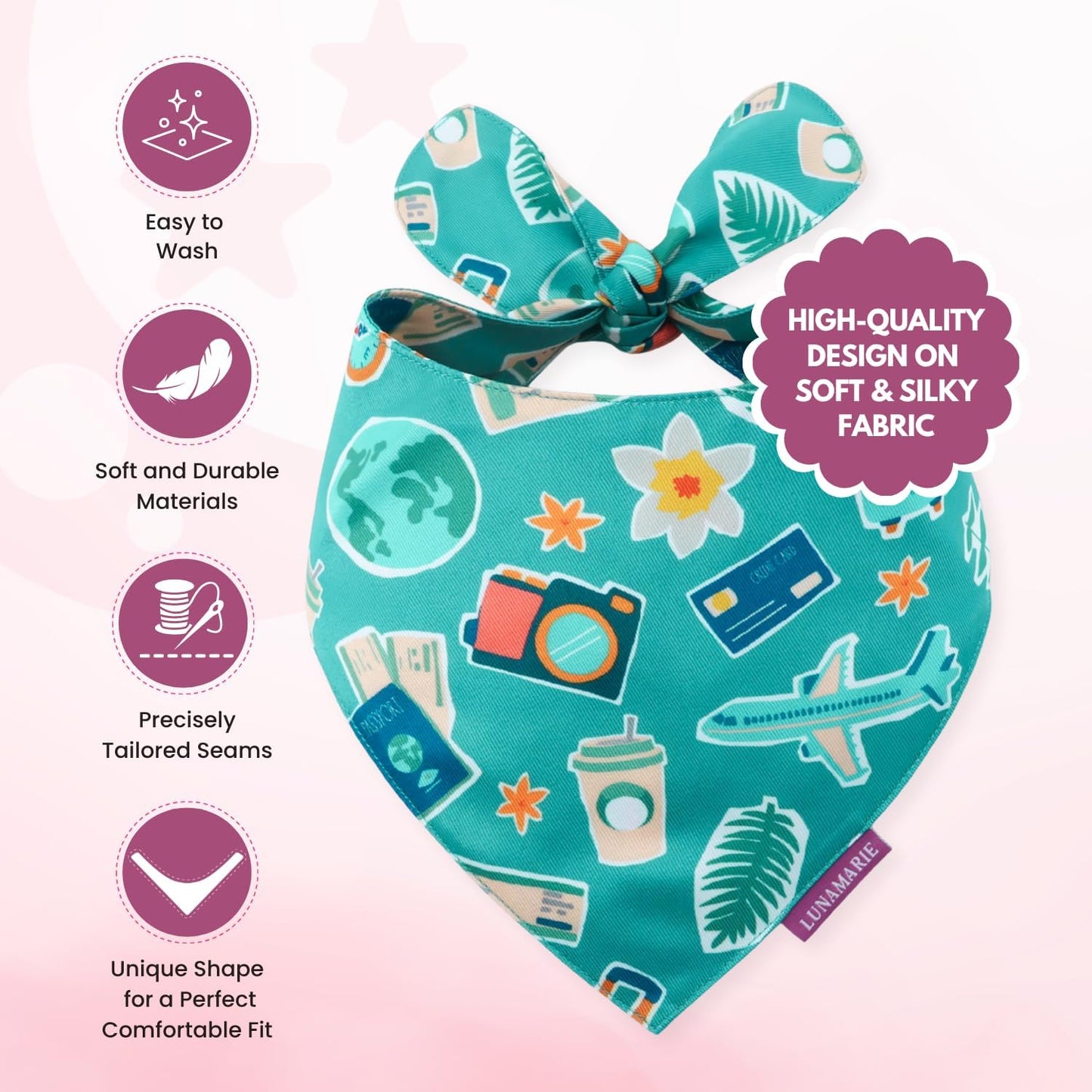 LunaMarie - Luxury Pet Birthday Bandanas -Premium & Silky Poly Fabric | 100% Handmade | Custom Shape Dual Layered (Pawsport Club, Medium)