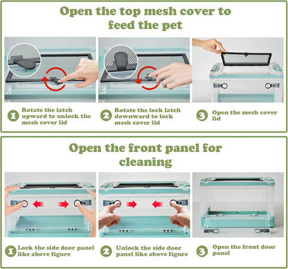PINVNBY Plastic Reptile Feeding Box with Wheels,Reptiles Breeding Enclosure Cages Transparent Amphibians Habitat Terrarium Tank Portable Transport Container for Lizard,Bearded Dragon(Blue)