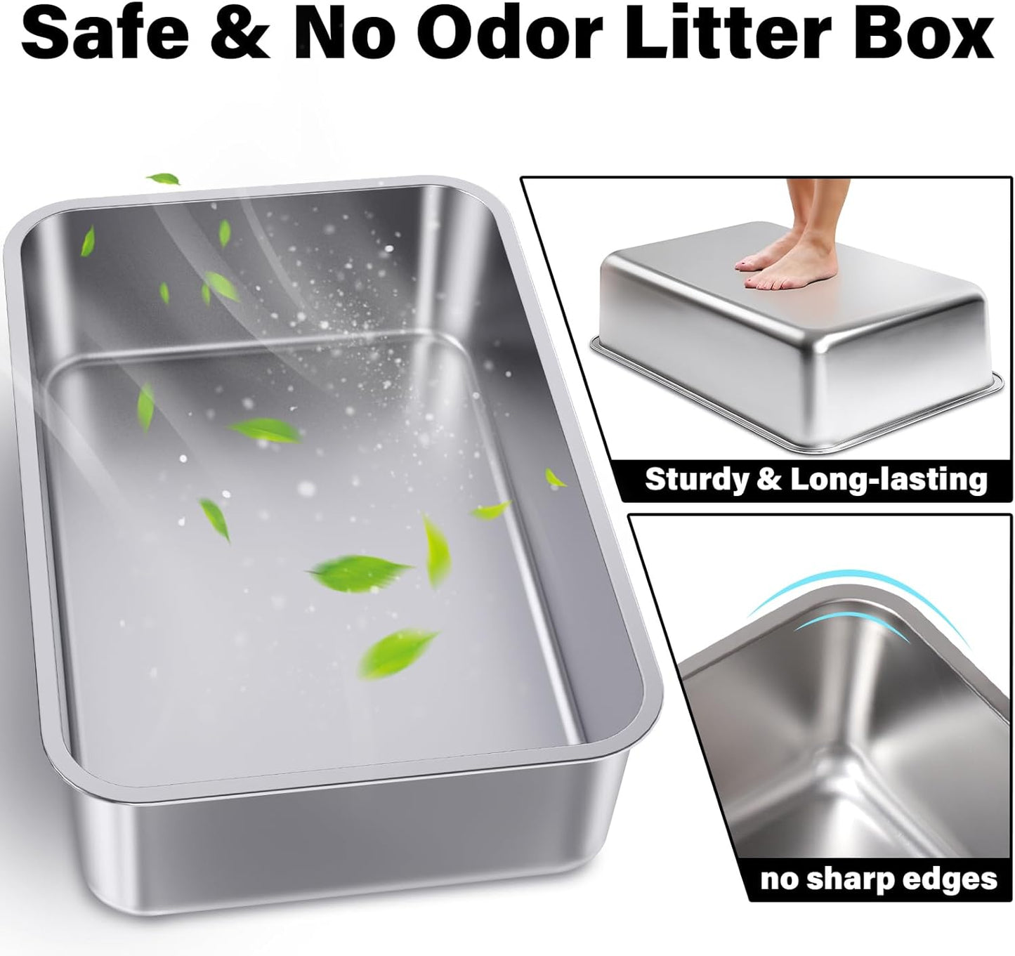 Stainless Steel Litter Box 2 Pack,Metal Litter Box for Cats Easy to Clean,Cat LitterBox for Kitty/Kitten Rabbit Litter Pan,Non Stick, No Smell