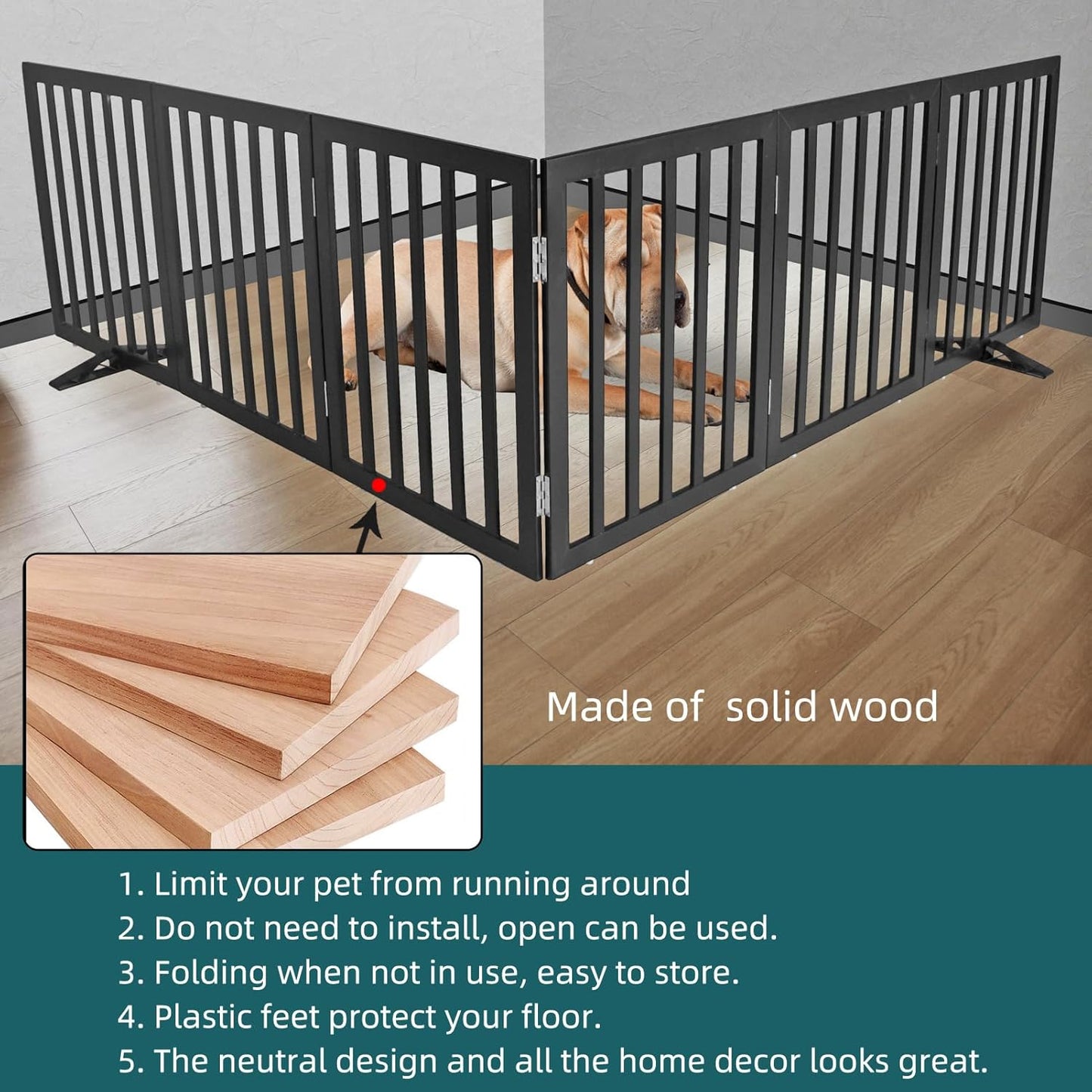 ZJSF Freestanding Indoor Dog Gate for House Foldable Wood Puppy Gate for Doorways Pet Gate for Stairs Extra Wide Pet Fence, Black, 24" Height 6 Panels