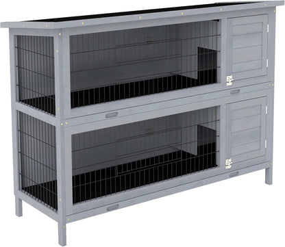 PawHut 54" 2-Story Large Rabbit Hutch Bunny Cage Wooden Pet House Small Animal Habitat with Lockable Doors, No Leak Tray and Waterproof Roof for Outdoor/Indoor Grey