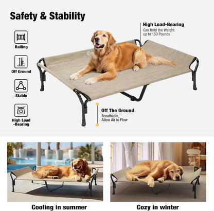 Veehoo Cooling Elevated Dog Bed, XL Raised Pet Cot with Guardrail & Slope Headrest, Durable Breathable Teslin Mesh, Non-Slip Feet, Washable Dog Couch Bed for Indoor & Outdoor, 50.5" x 33.5", Beige